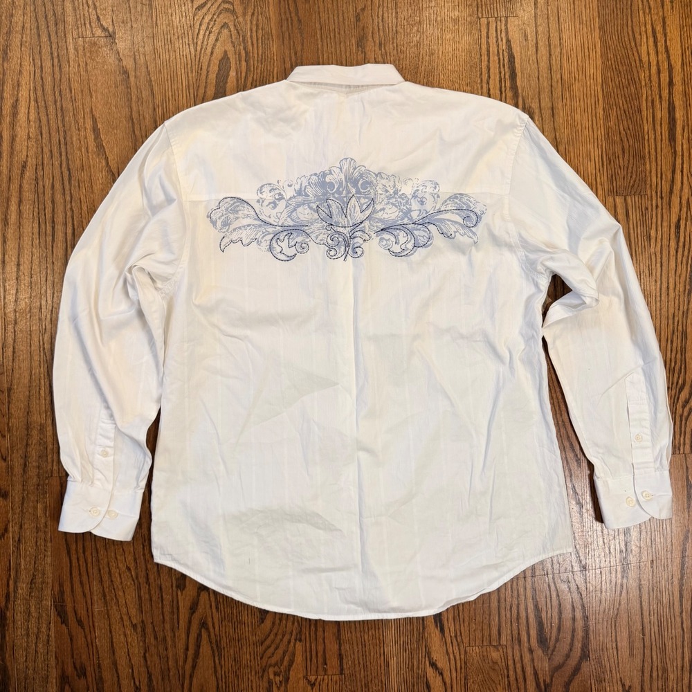 Indigo Joe White Dobby Stripe Graphic Embroidered Button Down Shirt Large White - Picture 2 of 9